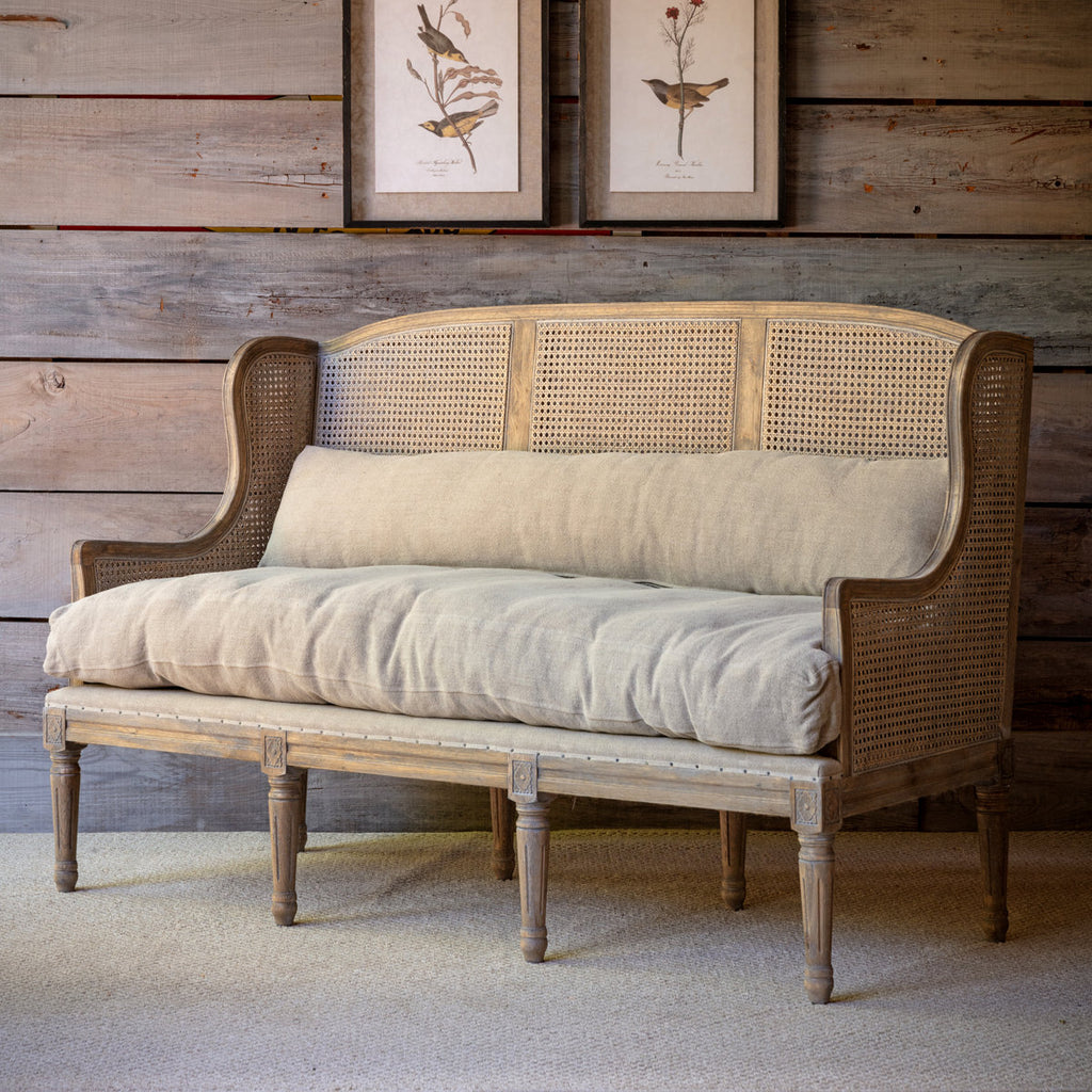 63.5" Solid Oak Wood Cane Back Settee Sofa Bench Linen Upholstery Carved Accents
